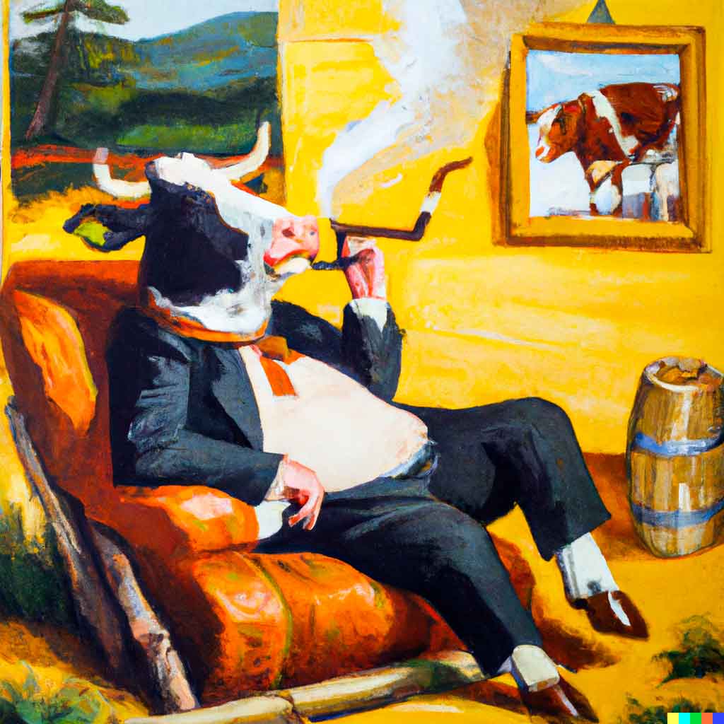 Jacks Mind |cow smoking a pipe in front of a fire