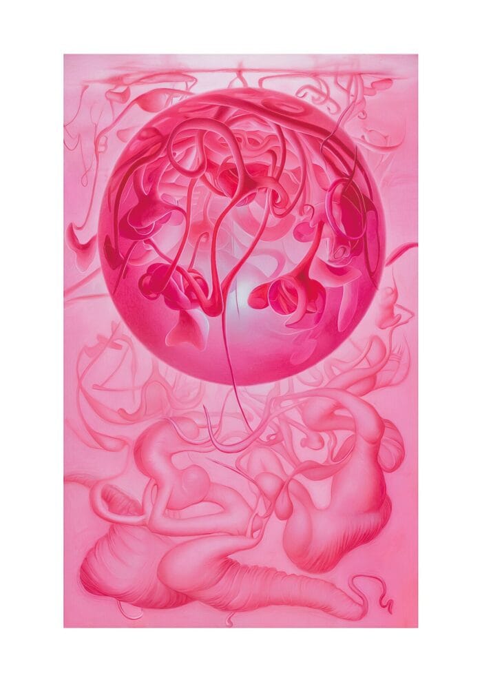 'Closer' (the first print of a triptych) A beautiful and Highly collectable Print by Jack Myntan. It shows a large pink orb filled with unusual forms dominating the top half of the image, below it is a landscape of organic flesh like forms. The artwork emanating from the depths of Jacks Mind!