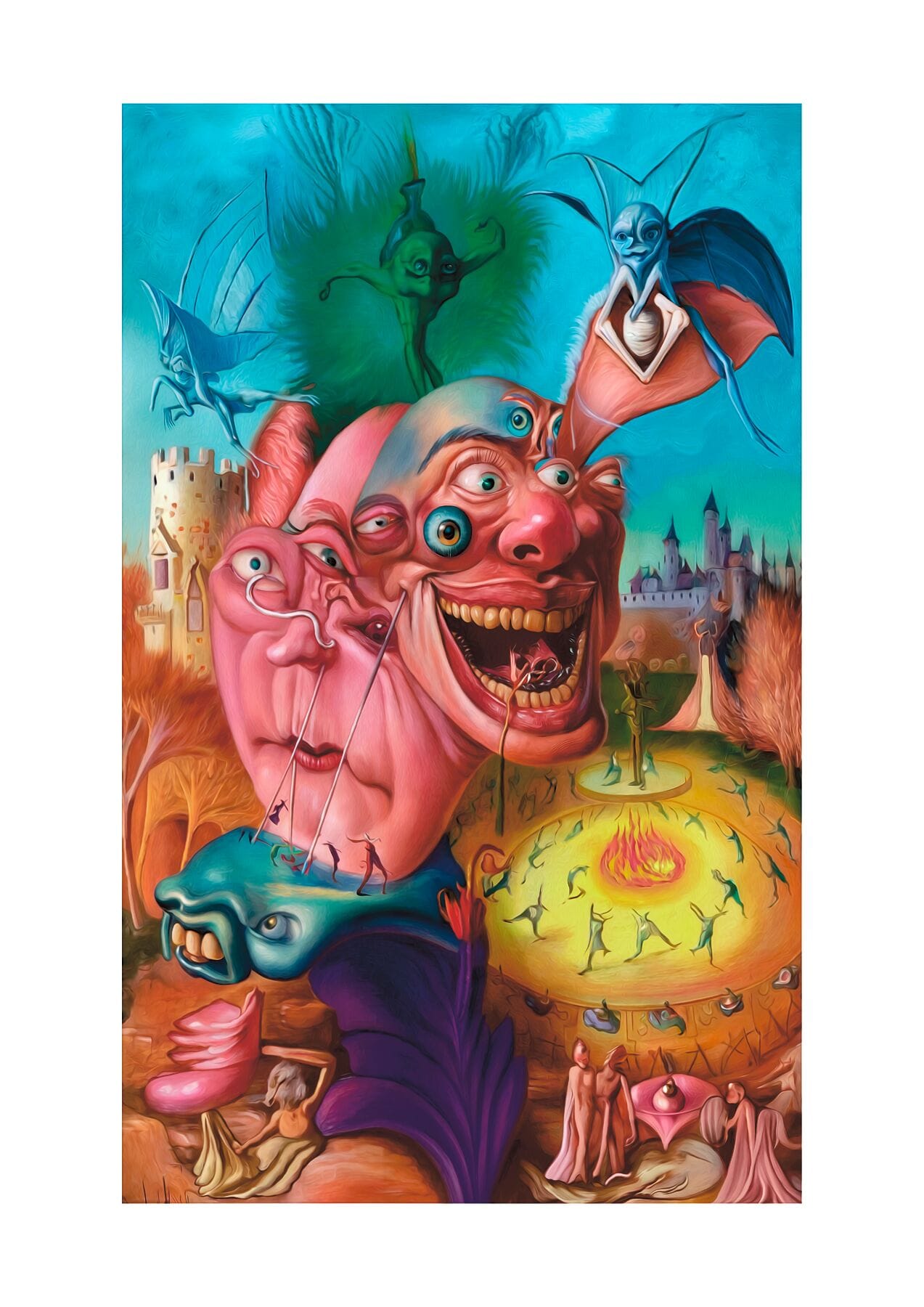 'The Madness of Sanity' A grotesque and Highly collectable Print by Jack Myntan. The artwork shows a gaggle of bright pink faces with many eyes. There are many small visual elements that seem to tell a story, all emanating from the depths of Jacks Mind!