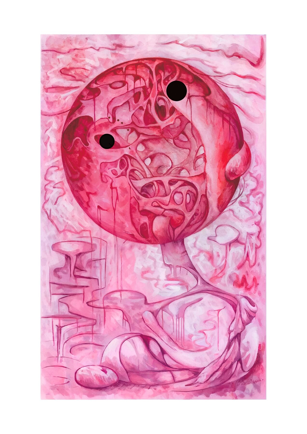 'The Pupil Signals #2' A beautiful and Highly collectable Print by Jack Myntan. It shows a large pink orb filled with unusual forms dominating the top half of the image. Two large black dots appear to stare out from the image plane. The artwork emanating from the depths of Jacks Mind.