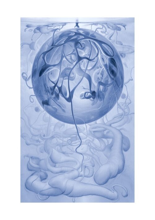 'Dawn' (the second print of a triptych) A beautiful and Highly collectable Print by Jack Myntan. It shows a large blue orb filled with unusual organic forms dominating the top half of the image, below it a landscape of organic forms. The artwork emanating from the depths of Jacks Mind!