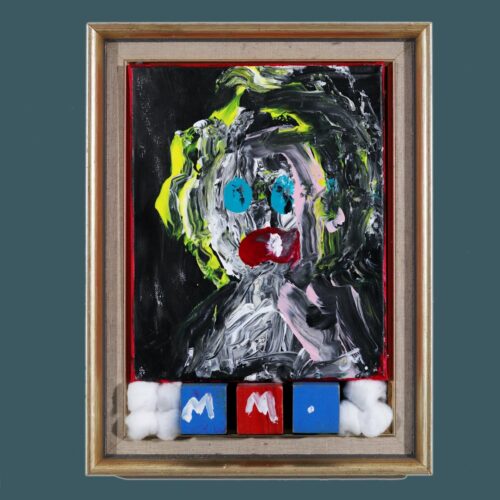 Portrait of Marilyn Monroe painted by foot by Jack Myntan. The painting is in a gold frame and contains 2 coloured wooden blocks and buffered neaty by an array of cotton wool balls, a common motif used by Mr Myntan.
