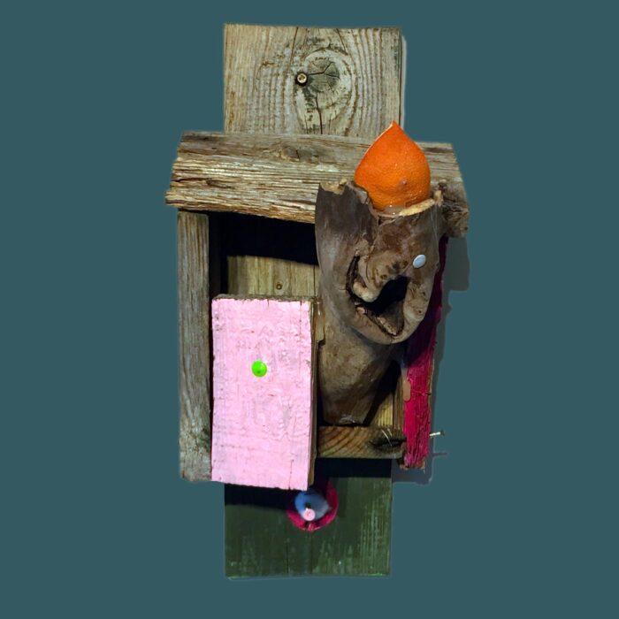 The front view of a Terribleist sculptural assemblage by Jack Myntan made from weathered wood components including parts of a bird house, tree stump, and various found materials. The piece features "NON" painted in green letters on one side, with orange peel and other organic materials incorporated into the weathered wooden structure. This terrible art sculpture embodies the Terribleist movement's principles of bad art, anti-perfectionism, and the transformation of garden debris into purposeful artistic failure, representing the core philosophy of Terribleism.