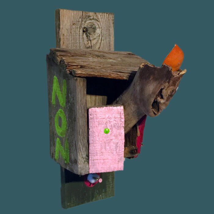 The left hand view of a Terribleist sculptural assemblage by Jack Myntan made from weathered wood components including parts of a bird house, tree stump, and various found materials. The piece features "NON" painted in green letters on one side, with orange peel and other organic materials incorporated into the weathered wooden structure. This terrible art sculpture embodies the Terribleist movement's principles of bad art, anti-perfectionism, and the transformation of garden debris into purposeful artistic failure, representing the core philosophy of Terribleism.
