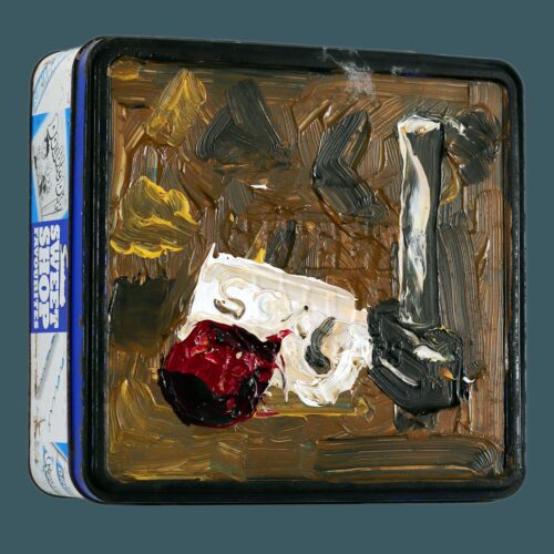 A Terribleist Painting of an Onion Toilet Roll Mallet called Onion Toilet Roll Mallet by Terribleist artist Jack Myntan. Painted on a rusty sweet tin this artwork will repulse everyone.