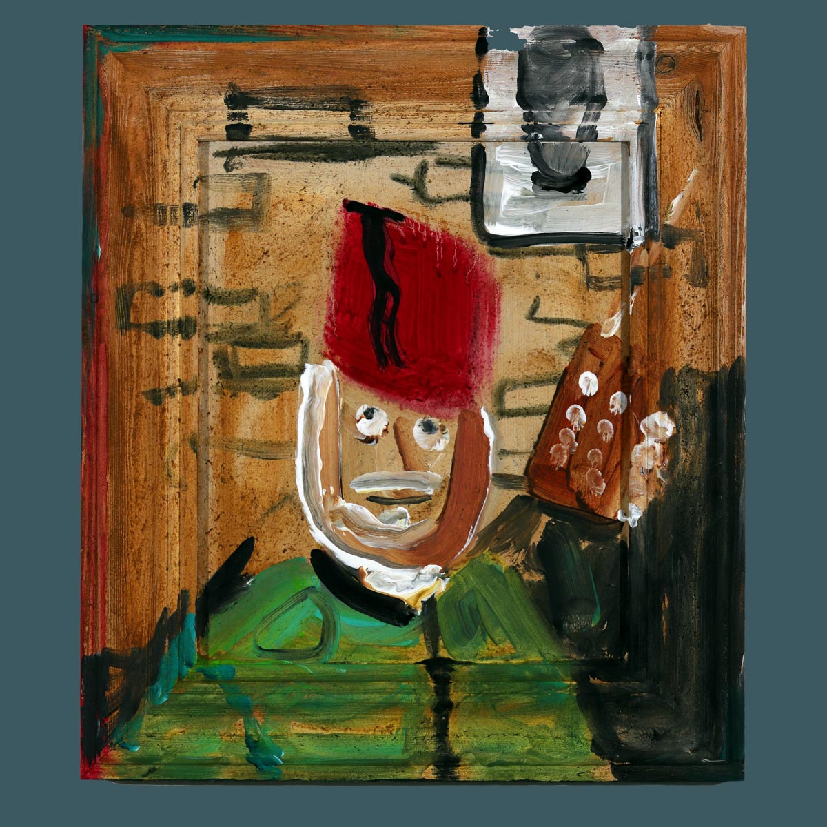 A Terribleist portrait by Jack Myntan showing a deliberately childlike painting of Captain Simon Mills wearing a red Turkish fez hat, with a pale face and simple features, holding what appears to be a brick. Behind the main figure lurks a darker, more monstrous face. Painted in the Terribleist tradition of bad art and anti-perfectionism, this terrible art piece uses bright, primary colours on a wooden surface, exemplifying the purposeful artistic failure central to the Terribleist movement.