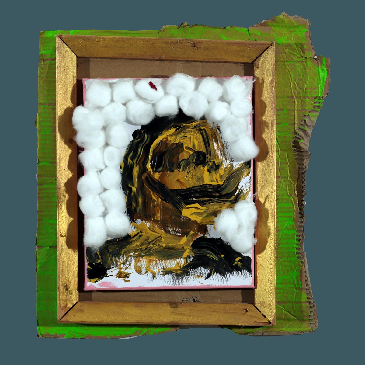 A Terribleist portrait painting by Jack Myntan featuring an abstract representation of Salvador Dalí in an ornate frame, using predominantly brown, beige and white paint with swirling, energetic foot-painted brushstrokes. The deliberately crude Terribleist style embraces bad art principles and anti-perfectionism, with features that suggest but don't clearly define facial elements, representing the terrible art movement's celebration of purposeful artistic incompetence.